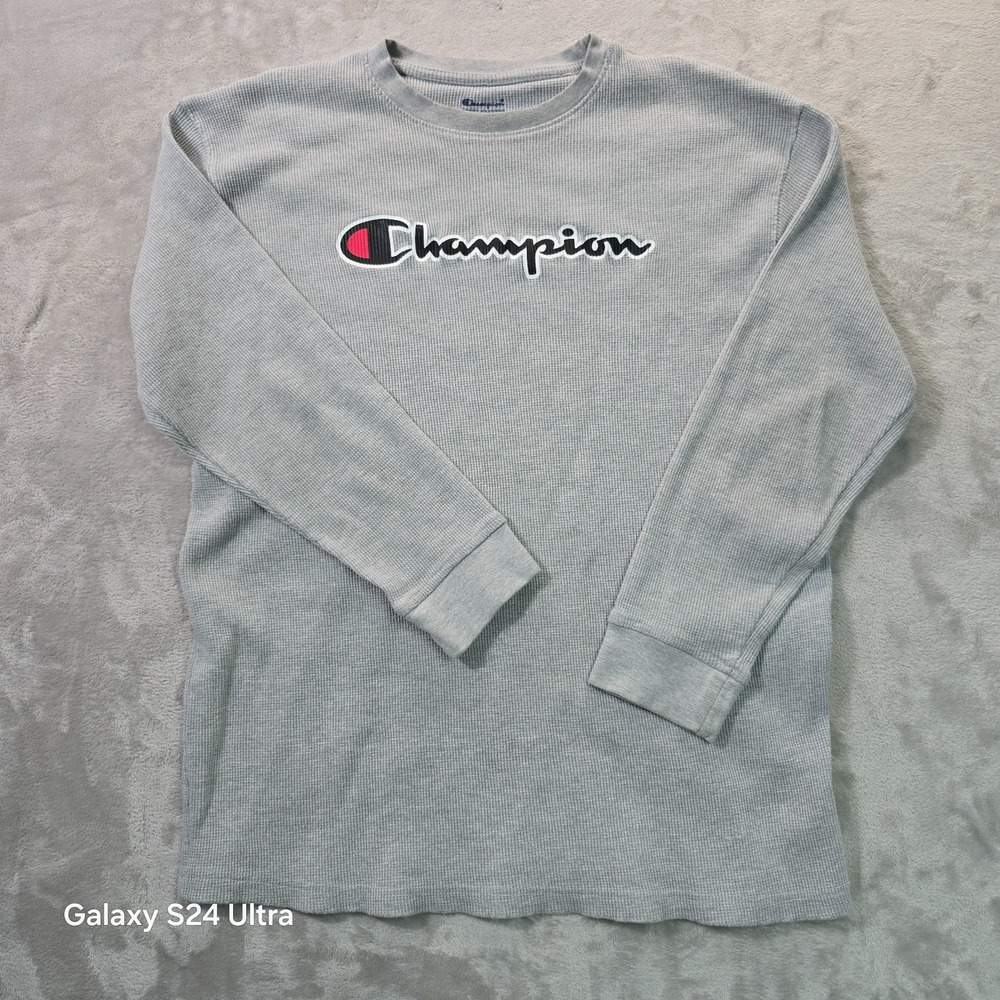 Champion Thermal Shirt Mens 2XL Gray Cotton Waffle Knit Spellout Graphic Casual